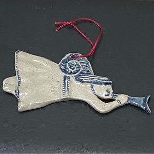 Vintage 1993 ROWE Pottery Salt Glazed Trumpet Angel Christmas Tree Ornament